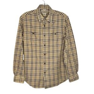 L.L. Bean rugged Tan and Brown plaid flannel Shirt Men’s Small